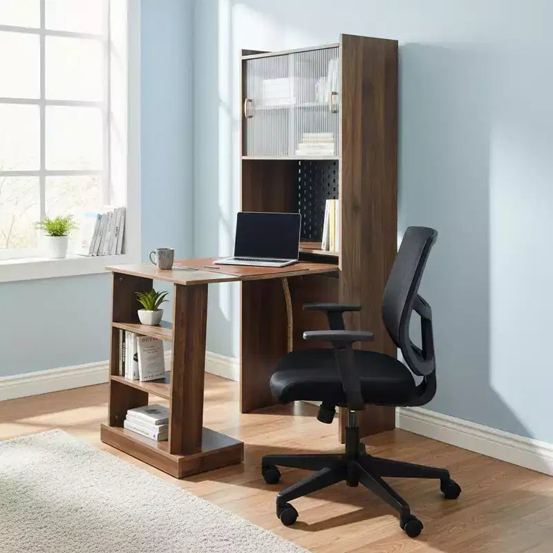 Bureau pliant avec meuble de rangement et étagères ouvertes pour bureau à domicile, Noyer