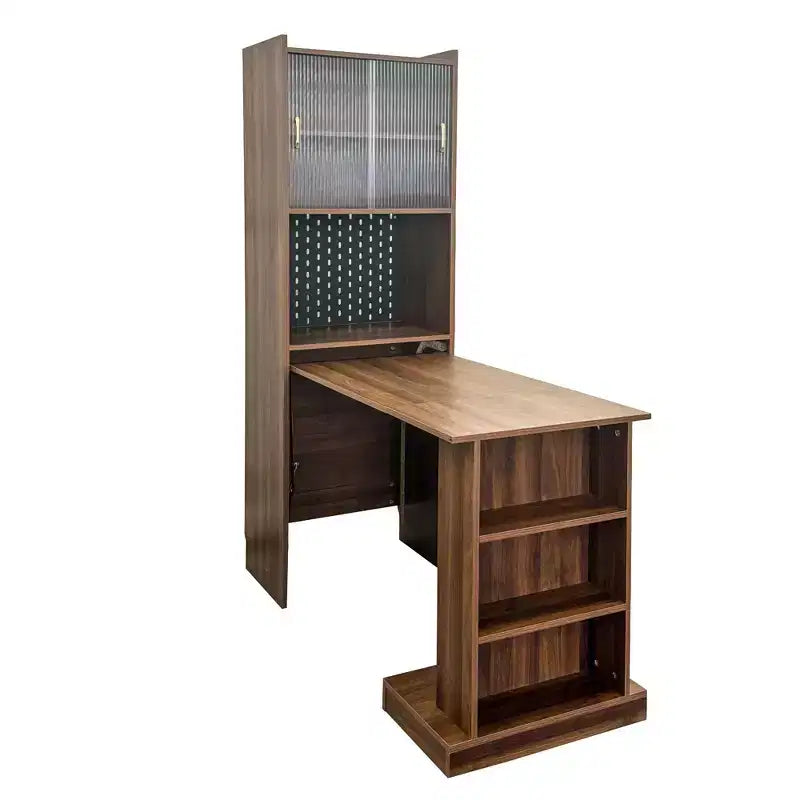Bureau pliant avec meuble de rangement et étagères ouvertes pour bureau à domicile, Noyer