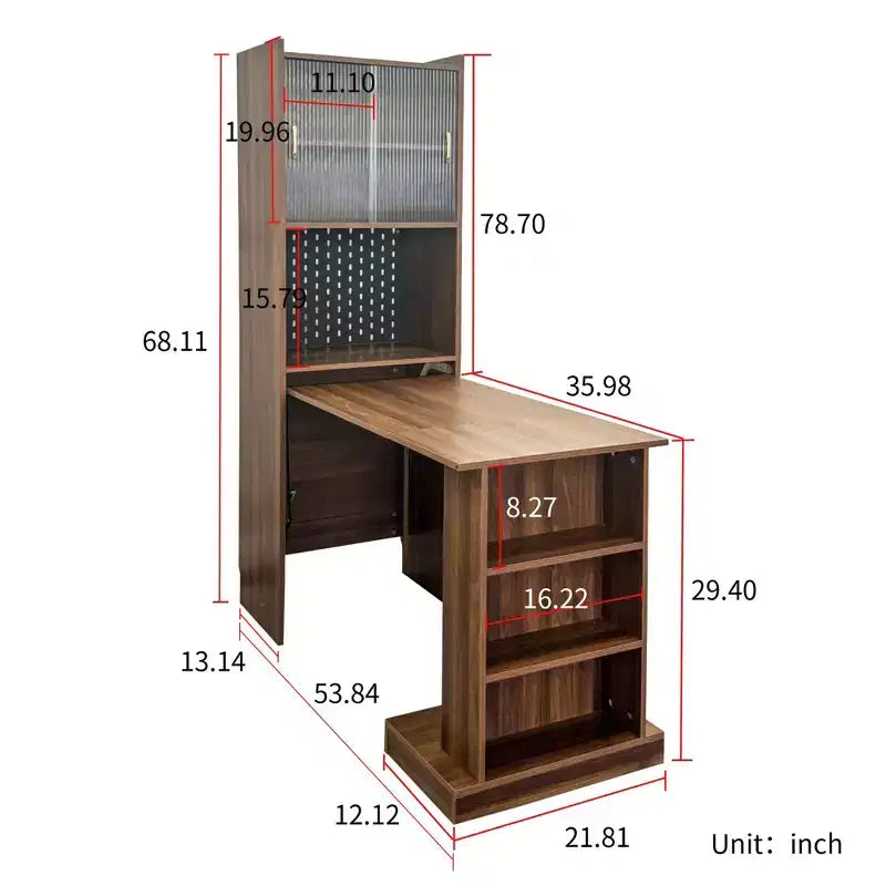 Bureau pliant avec meuble de rangement et étagères ouvertes pour bureau à domicile, Noyer