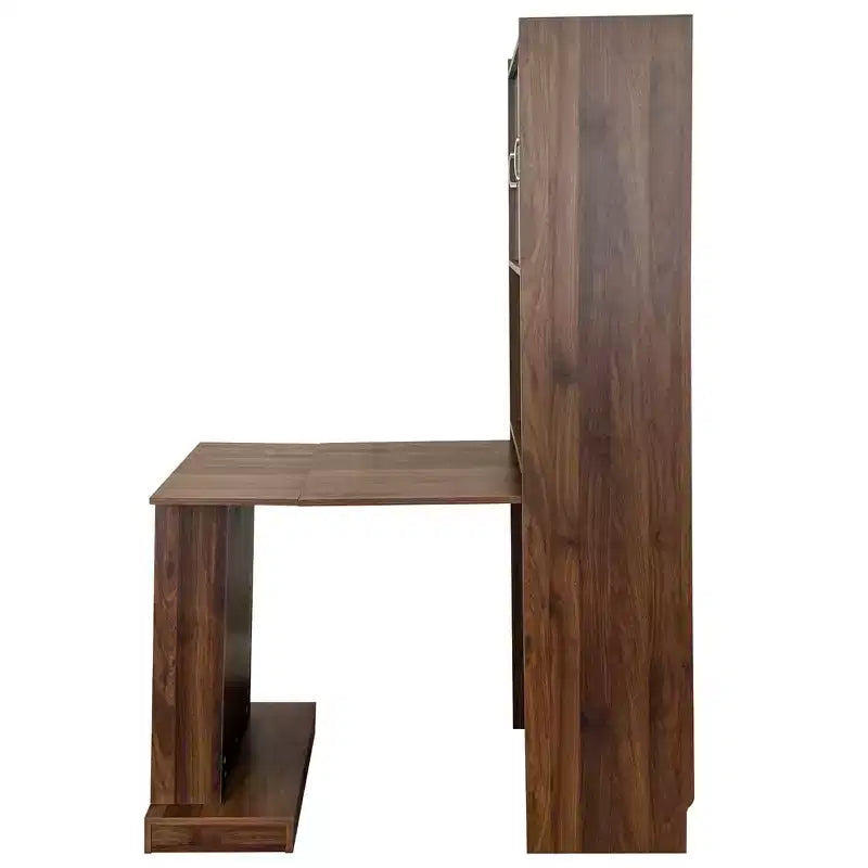 Bureau pliant avec meuble de rangement et étagères ouvertes pour bureau à domicile, Noyer
