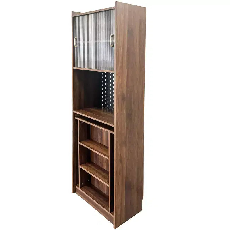 Bureau pliant avec meuble de rangement et étagères ouvertes pour bureau à domicile, Noyer