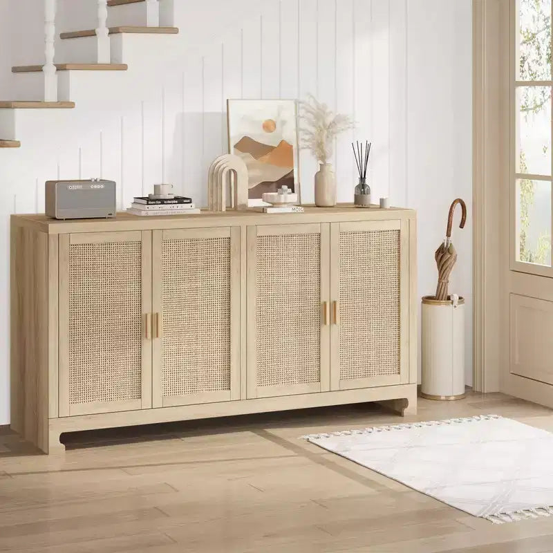 Buffet en rotin, console de rangement style ferme avec étagères réglables pour salle à manger et salon
