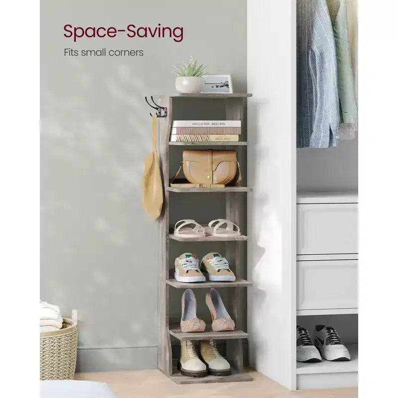 Meuble à chaussures vertical 7 niveaux, organisateur de chaussures étroit de 110 cm de haut avec 2 crochets et kit anti-basculement, étagère d'angle peu encombrante pour entrée ou chambre
