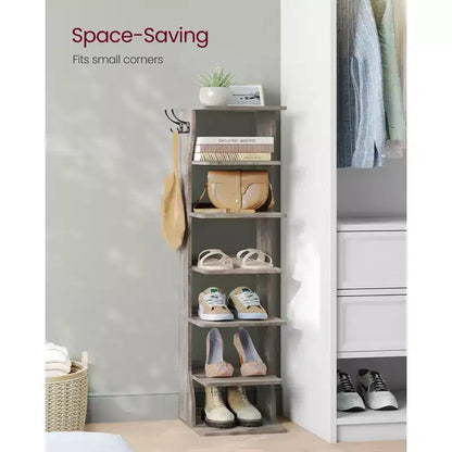 Meuble à chaussures vertical 7 niveaux, organisateur de chaussures étroit de 110 cm de haut avec 2 crochets et kit anti-basculement, étagère d'angle peu encombrante pour entrée ou chambre