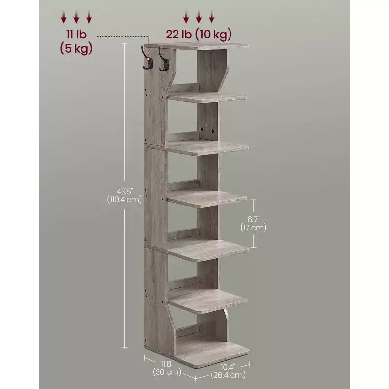 Meuble à chaussures vertical 7 niveaux, organisateur de chaussures étroit de 110 cm de haut avec 2 crochets et kit anti-basculement, étagère d'angle peu encombrante pour entrée ou chambre