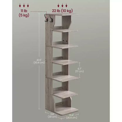 Meuble à chaussures vertical 7 niveaux, organisateur de chaussures étroit de 110 cm de haut avec 2 crochets et kit anti-basculement, étagère d'angle peu encombrante pour entrée ou chambre