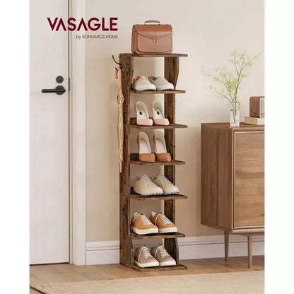 Meuble à chaussures vertical 7 niveaux, organisateur de chaussures étroit de 110 cm de haut avec 2 crochets et kit anti-basculement, étagère d'angle peu encombrante pour entrée ou chambre