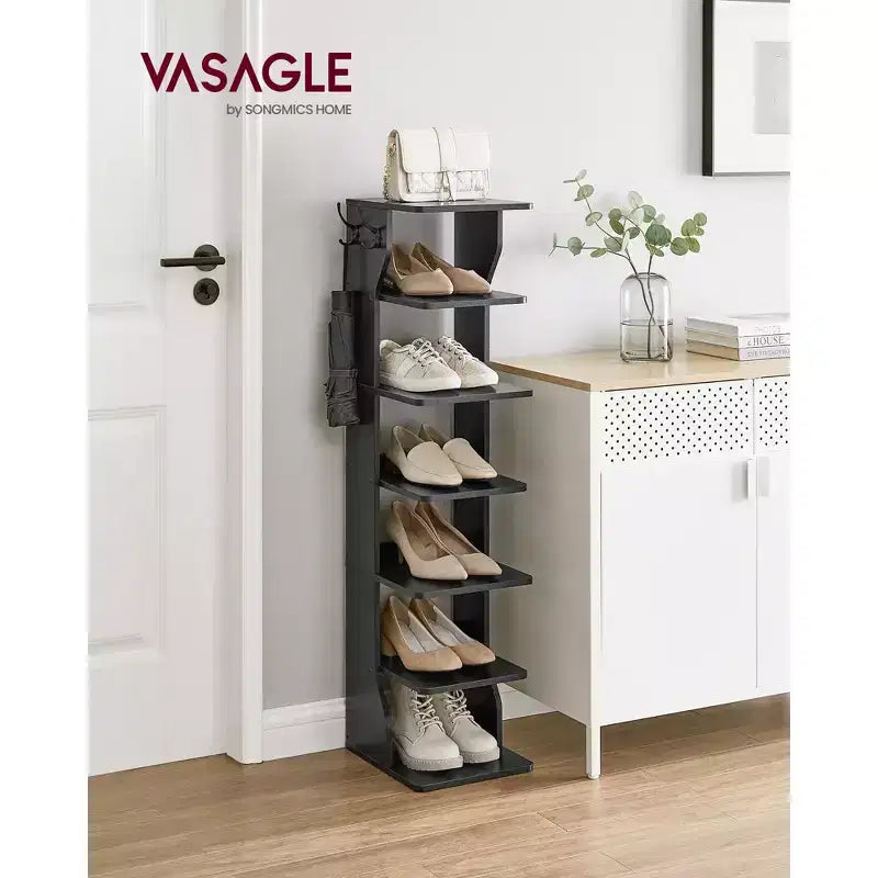 Meuble à chaussures vertical 7 niveaux, organisateur de chaussures étroit de 110 cm de haut avec 2 crochets et kit anti-basculement, étagère d'angle peu encombrante pour entrée ou chambre