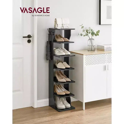 Meuble à chaussures vertical 7 niveaux, organisateur de chaussures étroit de 110 cm de haut avec 2 crochets et kit anti-basculement, étagère d'angle peu encombrante pour entrée ou chambre
