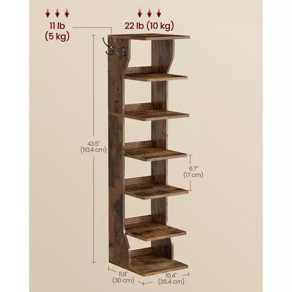 Meuble à chaussures vertical 7 niveaux, organisateur de chaussures étroit de 110 cm de haut avec 2 crochets et kit anti-basculement, étagère d'angle peu encombrante pour entrée ou chambre