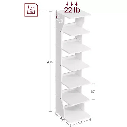 Meuble à chaussures vertical 7 niveaux, organisateur de chaussures étroit de 110 cm de haut avec 2 crochets et kit anti-basculement, étagère d'angle peu encombrante pour entrée ou chambre