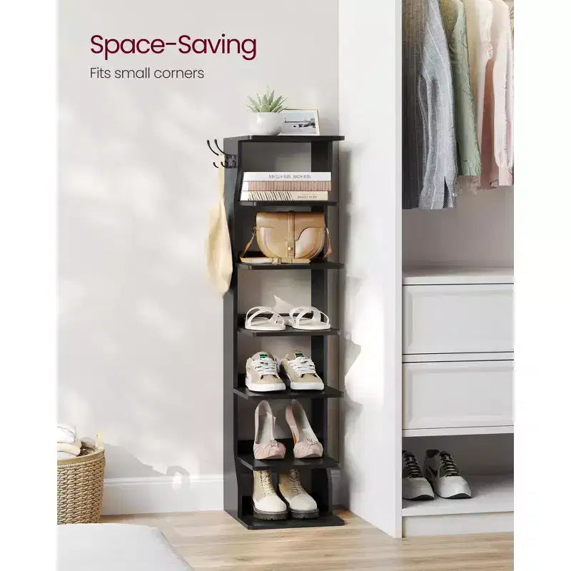 Meuble à chaussures vertical 7 niveaux, organisateur de chaussures étroit de 110 cm de haut avec 2 crochets et kit anti-basculement, étagère d'angle peu encombrante pour entrée ou chambre