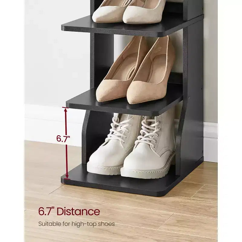 Meuble à chaussures vertical 7 niveaux, organisateur de chaussures étroit de 110 cm de haut avec 2 crochets et kit anti-basculement, étagère d'angle peu encombrante pour entrée ou chambre