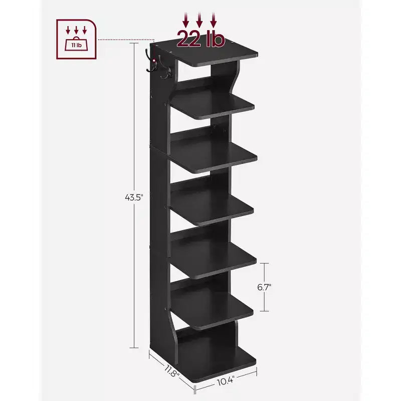 Meuble à chaussures vertical 7 niveaux, organisateur de chaussures étroit de 110 cm de haut avec 2 crochets et kit anti-basculement, étagère d'angle peu encombrante pour entrée ou chambre