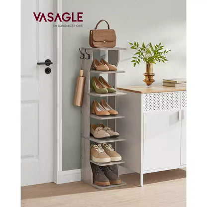 Meuble à chaussures vertical 7 niveaux, organisateur de chaussures étroit de 110 cm de haut avec 2 crochets et kit anti-basculement, étagère d'angle peu encombrante pour entrée ou chambre