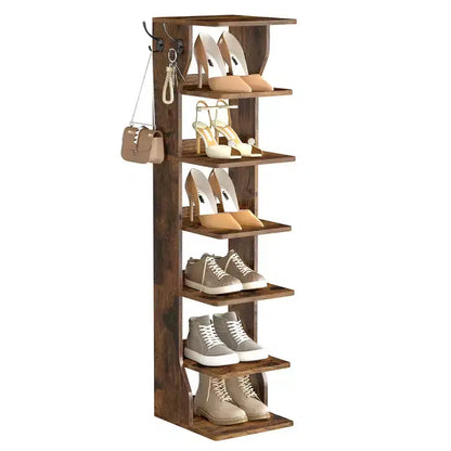 Meuble à chaussures vertical 7 niveaux, organisateur de chaussures étroit de 110 cm de haut avec 2 crochets et kit anti-basculement, étagère d'angle peu encombrante pour entrée ou chambre
