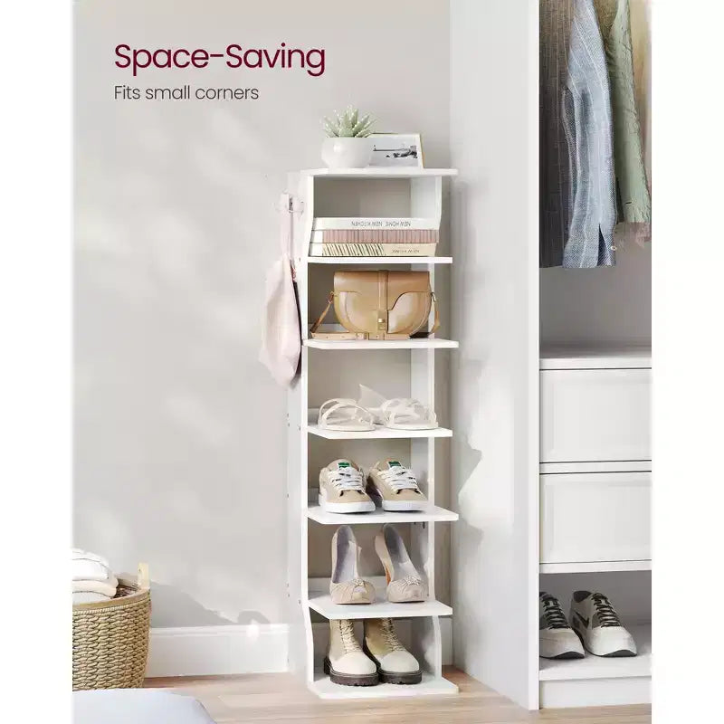 Meuble à chaussures vertical 7 niveaux, organisateur de chaussures étroit de 110 cm de haut avec 2 crochets et kit anti-basculement, étagère d'angle peu encombrante pour entrée ou chambre