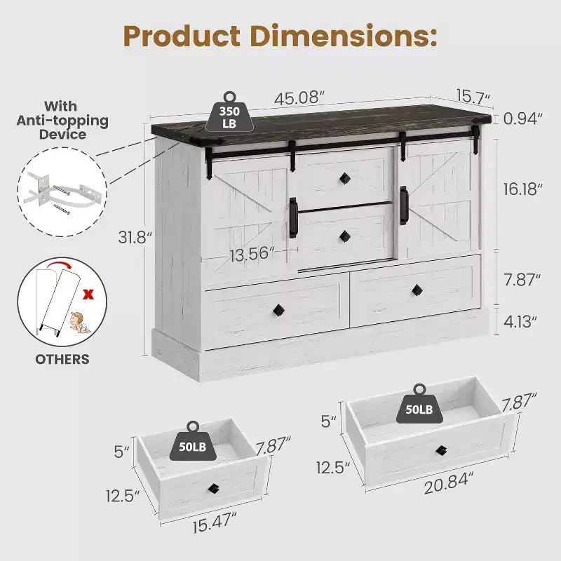 Commode de ferme à 4 tiroirs, commode de rangement en bois de 45 pouces avec portes coulissantes de grange et étagères réglables, meuble TV, blanc