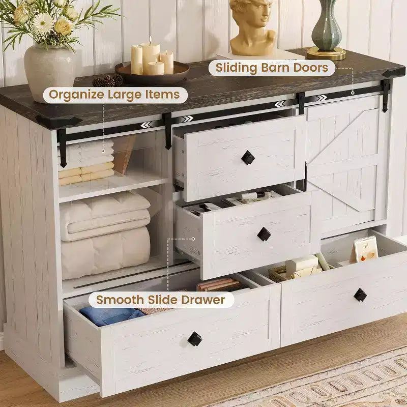 Commode de ferme à 4 tiroirs, commode de rangement en bois de 45 pouces avec portes coulissantes de grange et étagères réglables, meuble TV, blanc