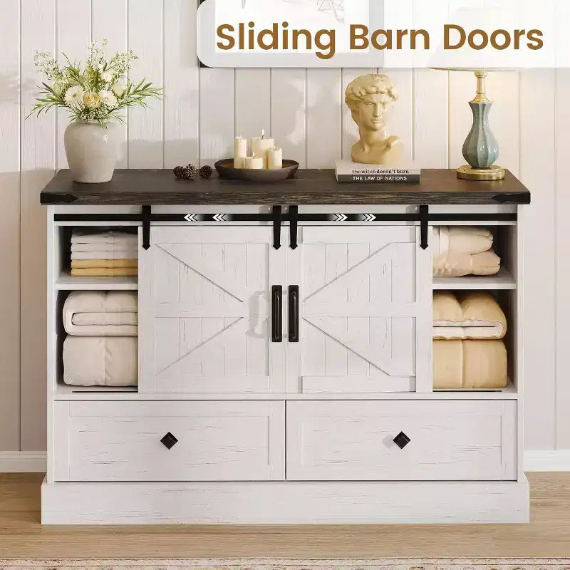 Commode de ferme à 4 tiroirs, commode de rangement en bois de 45 pouces avec portes coulissantes de grange et étagères réglables, meuble TV, blanc