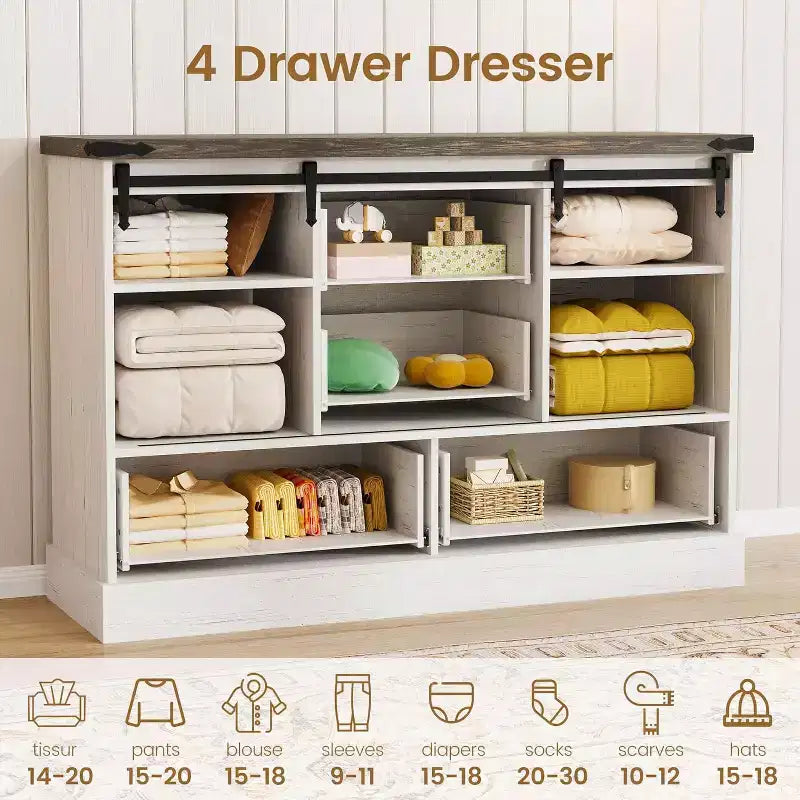 Commode de ferme à 4 tiroirs, commode de rangement en bois de 45 pouces avec portes coulissantes de grange et étagères réglables, meuble TV, blanc
