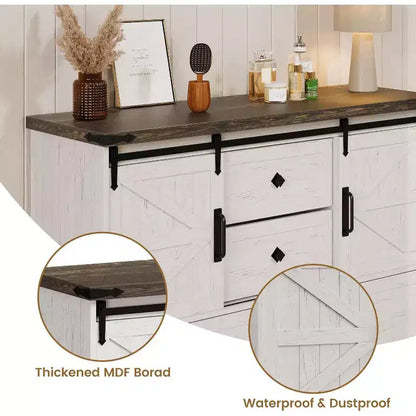 Commode de ferme à 4 tiroirs, commode de rangement en bois de 45 pouces avec portes coulissantes de grange et étagères réglables, meuble TV, blanc