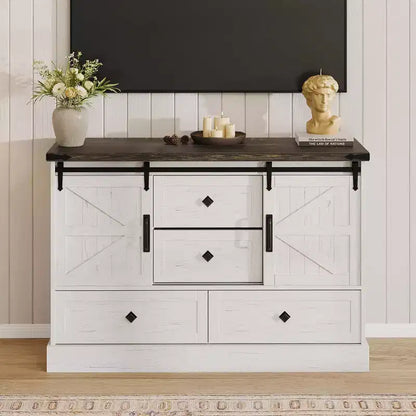 Commode de ferme à 4 tiroirs, commode de rangement en bois de 45 pouces avec portes coulissantes de grange et étagères réglables, meuble TV, blanc