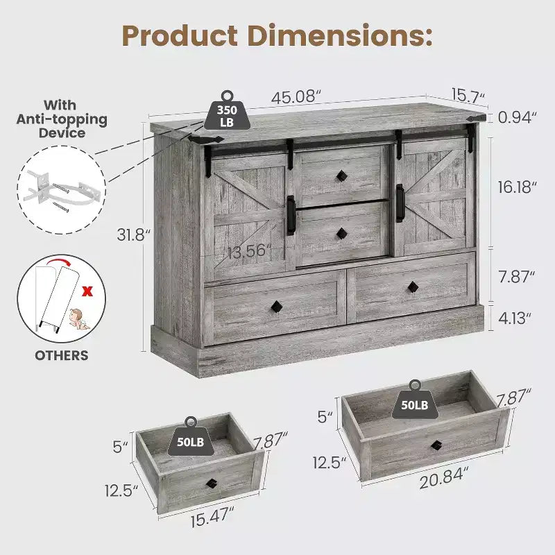 Commode de ferme à 4 tiroirs, commode de rangement en bois de 45 pouces avec portes coulissantes de grange et étagères réglables, meuble TV, blanc
