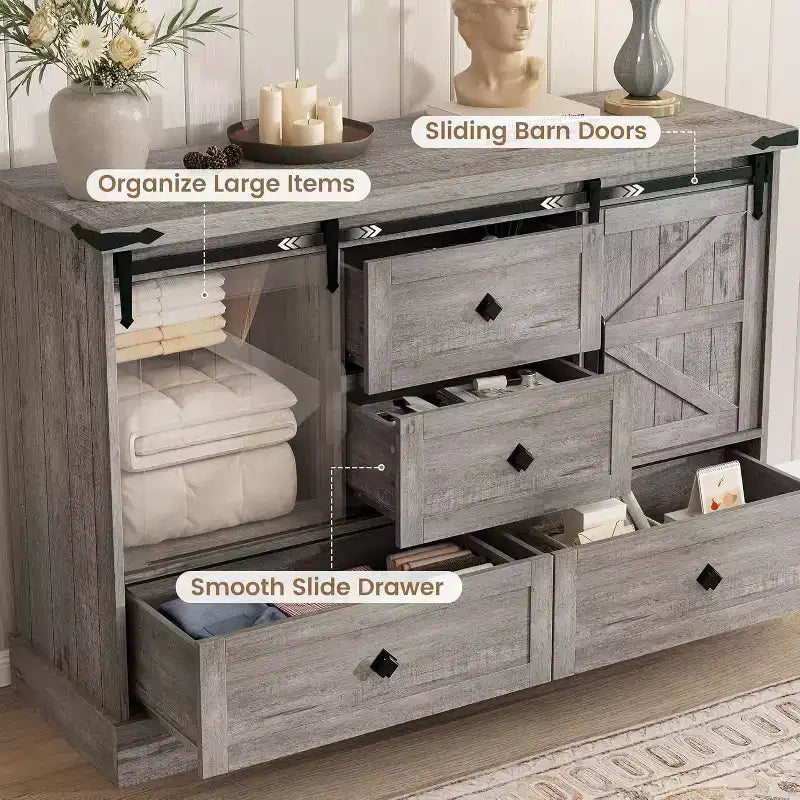 Commode de ferme à 4 tiroirs, commode de rangement en bois de 45 pouces avec portes coulissantes de grange et étagères réglables, meuble TV, blanc