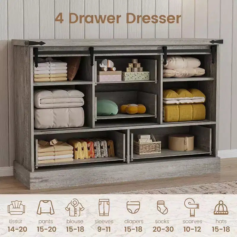 Commode de ferme à 4 tiroirs, commode de rangement en bois de 45 pouces avec portes coulissantes de grange et étagères réglables, meuble TV, blanc