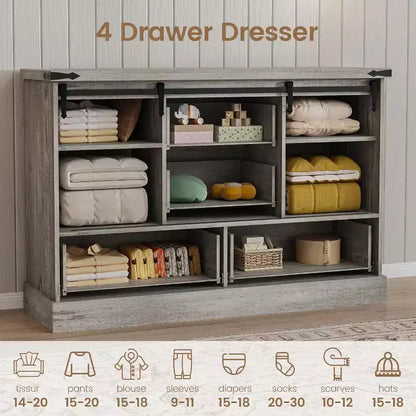 Commode de ferme à 4 tiroirs, commode de rangement en bois de 45 pouces avec portes coulissantes de grange et étagères réglables, meuble TV, blanc