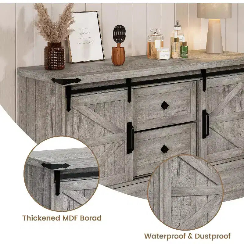 Commode de ferme à 4 tiroirs, commode de rangement en bois de 45 pouces avec portes coulissantes de grange et étagères réglables, meuble TV, blanc