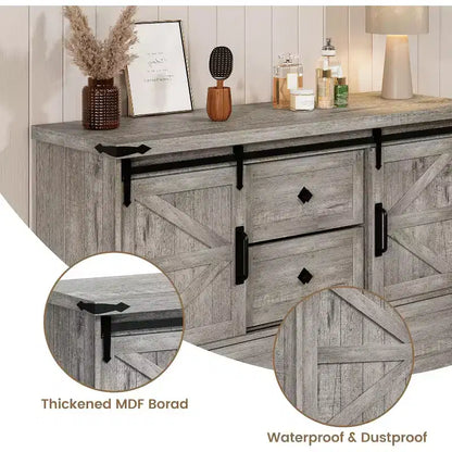 Commode de ferme à 4 tiroirs, commode de rangement en bois de 45 pouces avec portes coulissantes de grange et étagères réglables, meuble TV, blanc