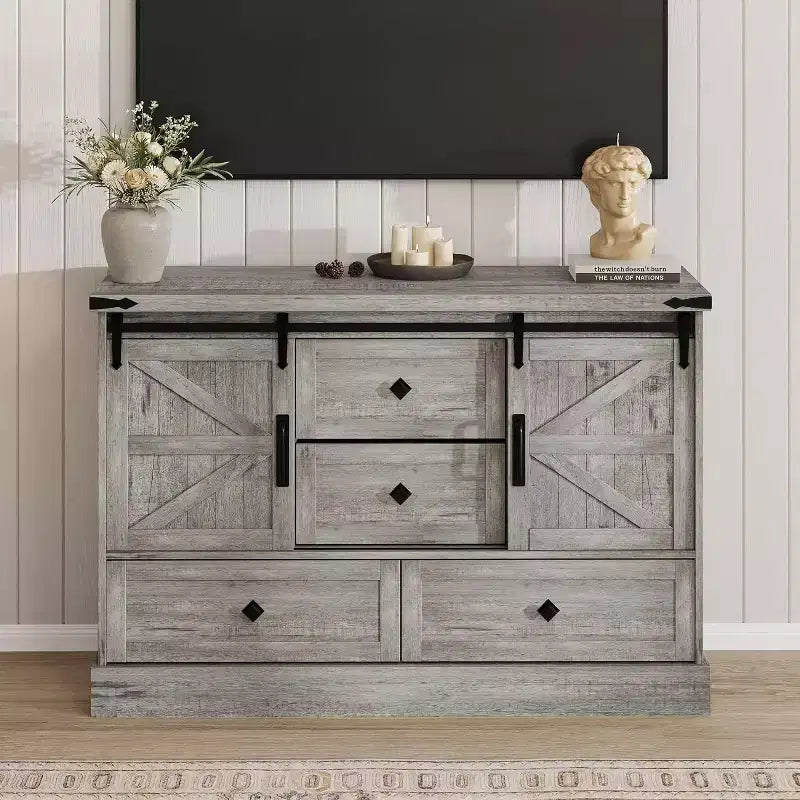 Commode de ferme à 4 tiroirs, commode de rangement en bois de 45 pouces avec portes coulissantes de grange et étagères réglables, meuble TV, blanc