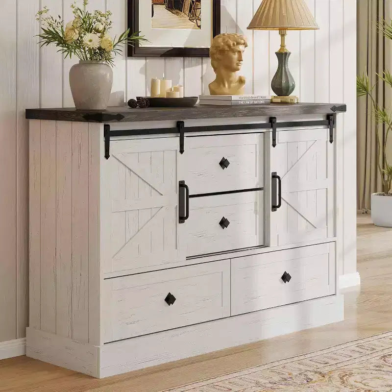 Commode de ferme à 4 tiroirs, commode de rangement en bois de 45 pouces avec portes coulissantes de grange et étagères réglables, meuble TV, blanc