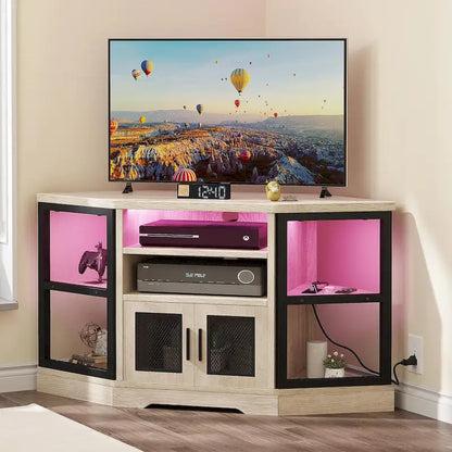 Meuble TV d'angle de ferme, meuble multimédia avec prise de courant pour téléviseurs jusqu'à 55 pouces