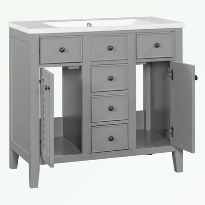 Meuble-lavabo avec vasque en céramique, deux placards et cinq tiroirs