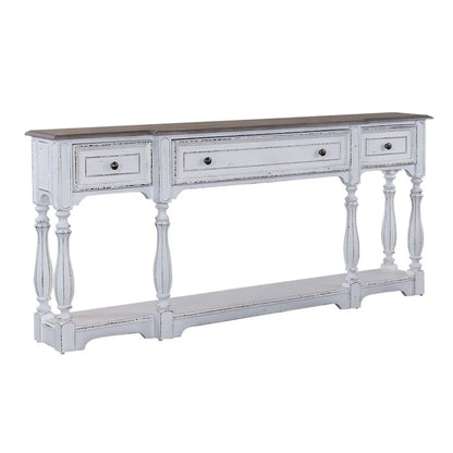 Console de hall 72 po blanc antique et écorce vieillie