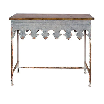 Console en métal finition zinc et bois à bord festonné