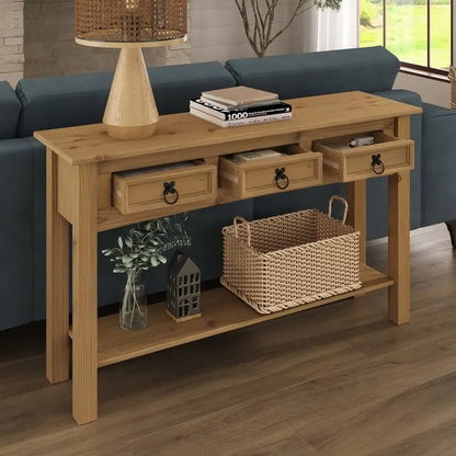 Console de couloir rustique en pin massif, blanc cérusé / marron antique / gris cérusé / non peinte, 3 tiroirs