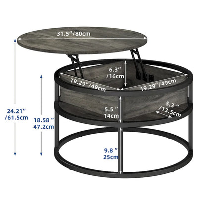 Table basse ronde relevable et extensible avec rangement dissimulé