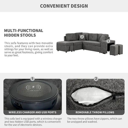 Canapé d'angle convertible avec pouf de rangement, canapé-lit pour salon
