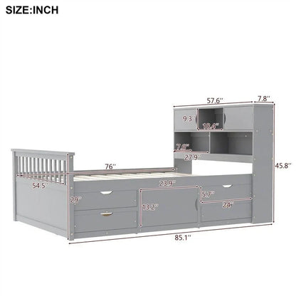 Lit plateforme capitaine double/grand avec 4 tiroirs et étagères de rangement, cadre de lit en bois massif avec tête de lit bibliothèque de rangement