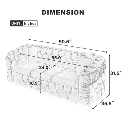 Canapé 3 places Velvet 90,6 po avec 2 oreillers, coussins haute densité, accents dorés et oreillers