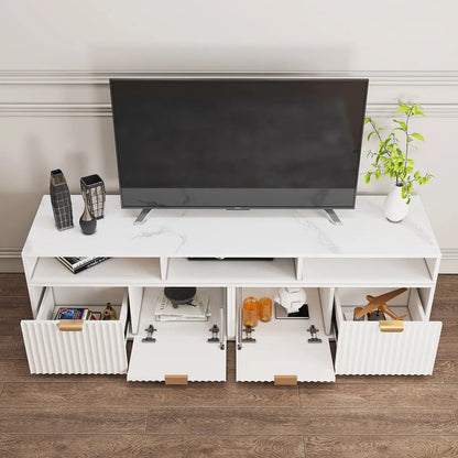 Meuble TV d'angle moderne blanc avec 2 tiroirs et rangement ouvert