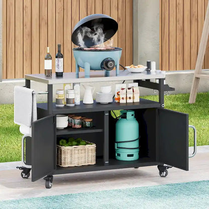 Ilot de cuisine extérieur avec plateau en acier inoxydable, table de chariot de barbecue en métal avec armoire de rangement - S.O.