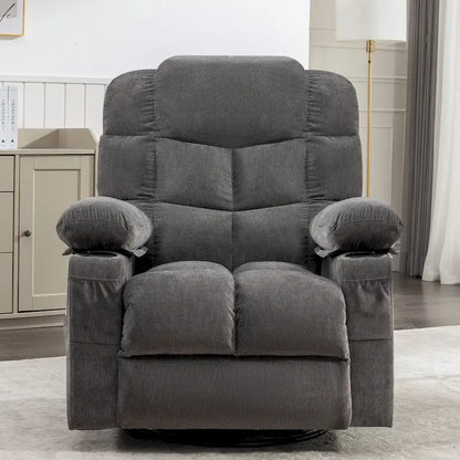 Fauteuil inclinable gris surdimensionné avec fonctions de chauffage et de massage, inclinaison à 150°, bascule à 30°, port USB pour la recharge et 2 porte-gobelets
