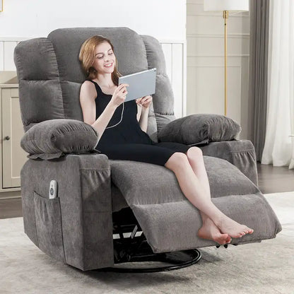 Fauteuil inclinable gris surdimensionné avec fonctions de chauffage et de massage, inclinaison à 150°, bascule à 30°, port USB pour la recharge et 2 porte-gobelets