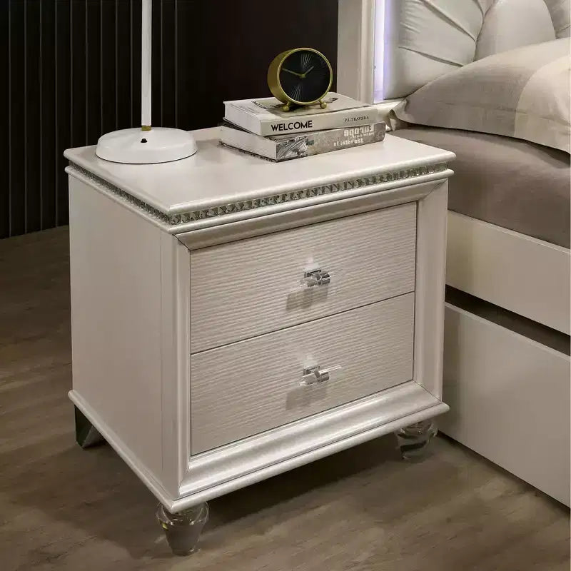 Table de chevet à 2 tiroirs avec pieds en acrylique Blanc Perle - : L'intérieur et l'extérieur