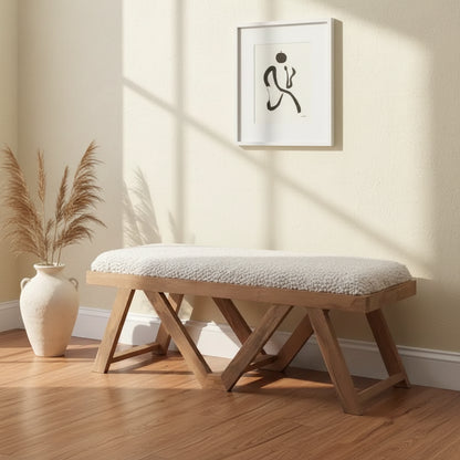 45" Bonnie Boho Solid Mango Wood Bench Textured Cream Fabric Upholstered Bench Brown - Linon